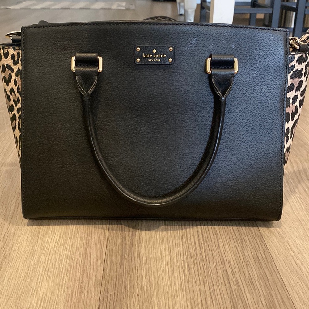 Kate Spade, black purse with leopard sides and strap